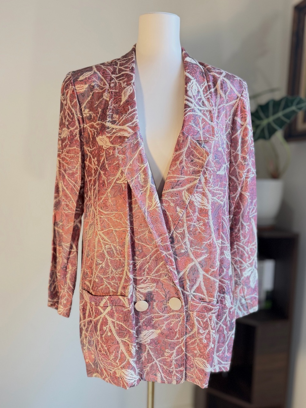 Vintage Floral Brocade Double Breasted Jacket Blazer L Pink Metallic 90s - Picture 10 of 11